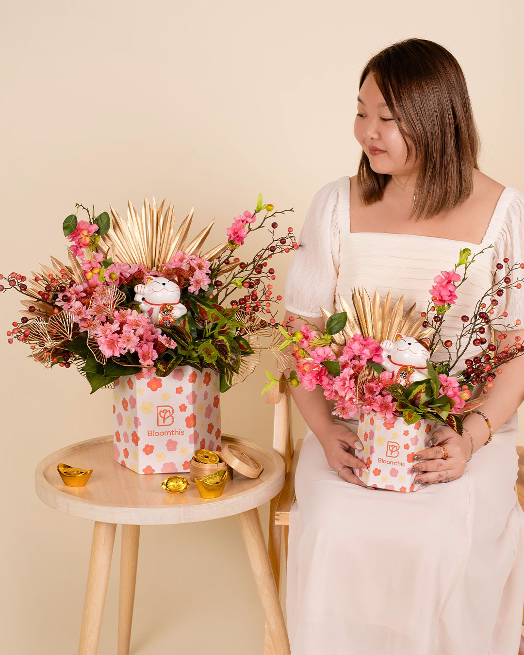 Fortune Cat Chinese New Year Artificial Flower Box 2026