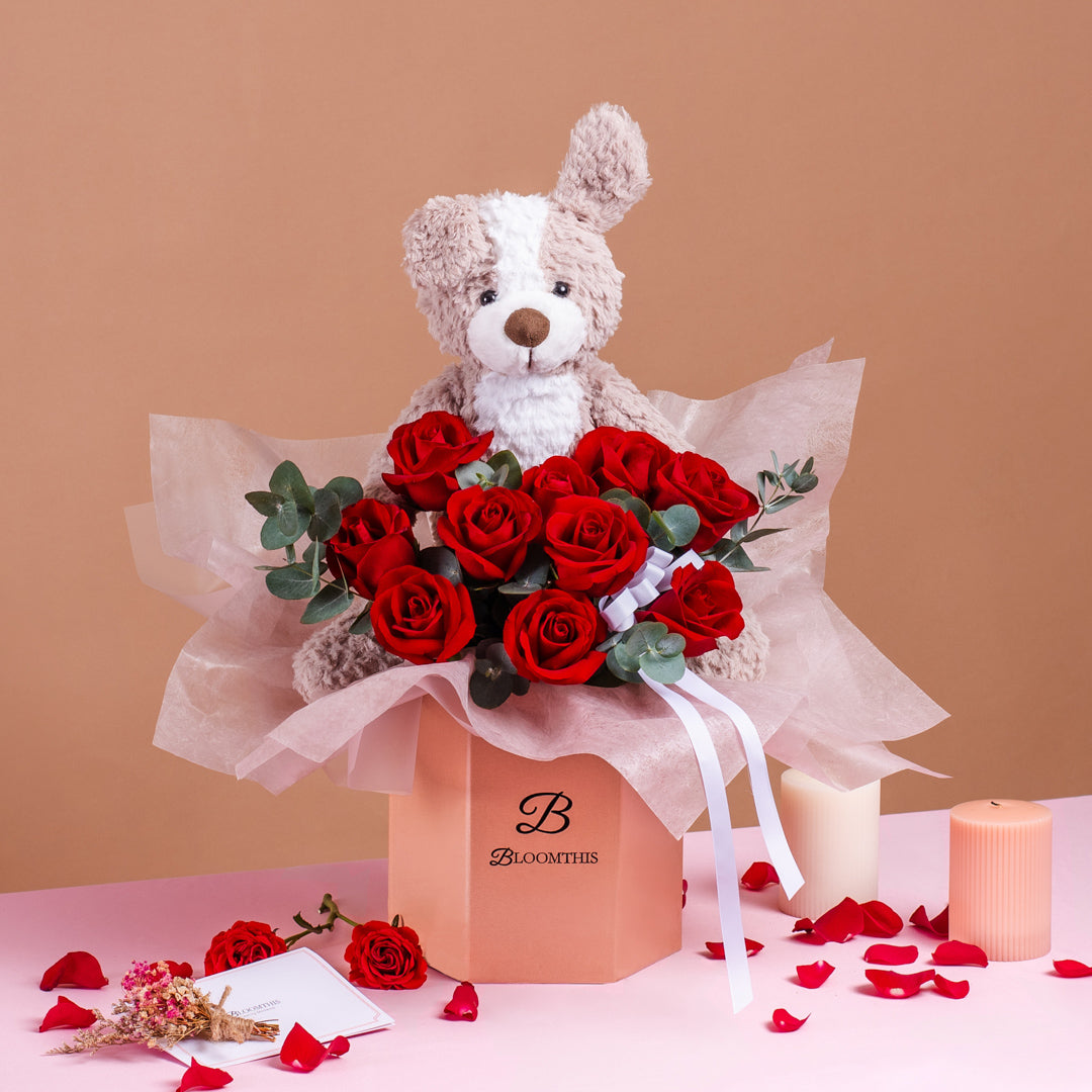 Alynn Red Rose Flower Box & Plushie Gift Set