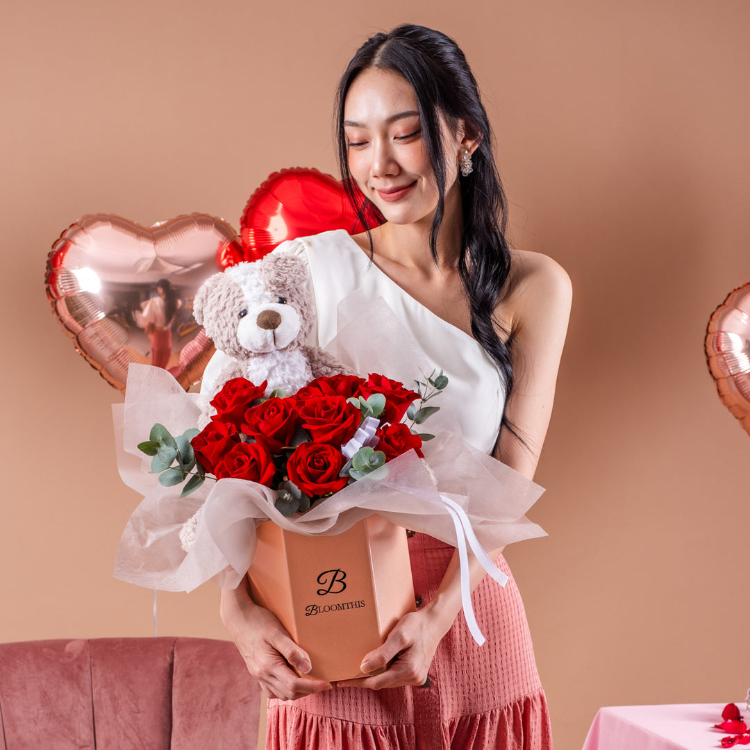 Alynn Red Rose Flower Box & Plushie Gift Set