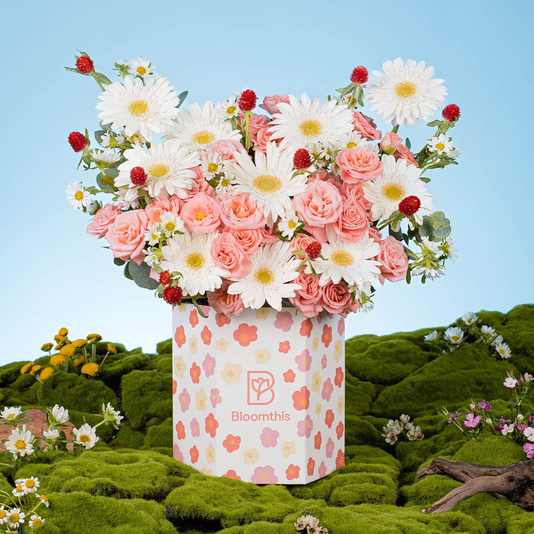 Spring Whimsy Zinnia White Gerbera Flower Box