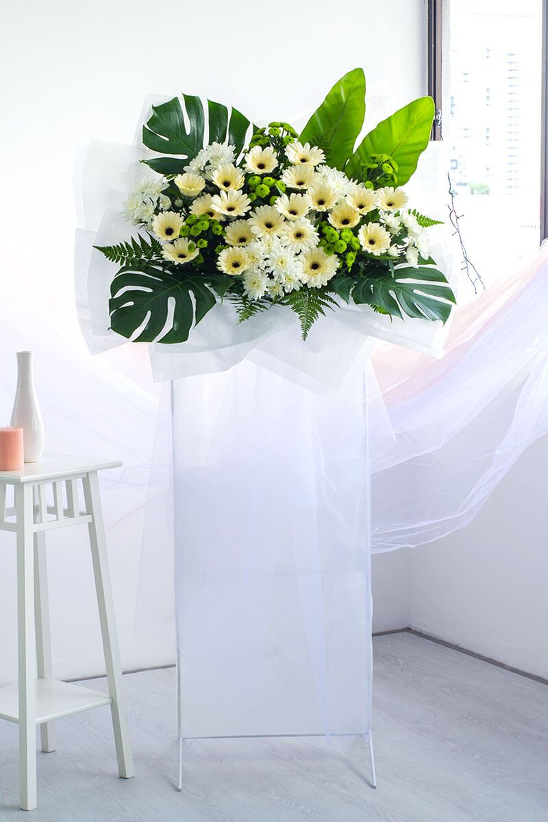 Tally White Gerbera Condolence Flower Stand